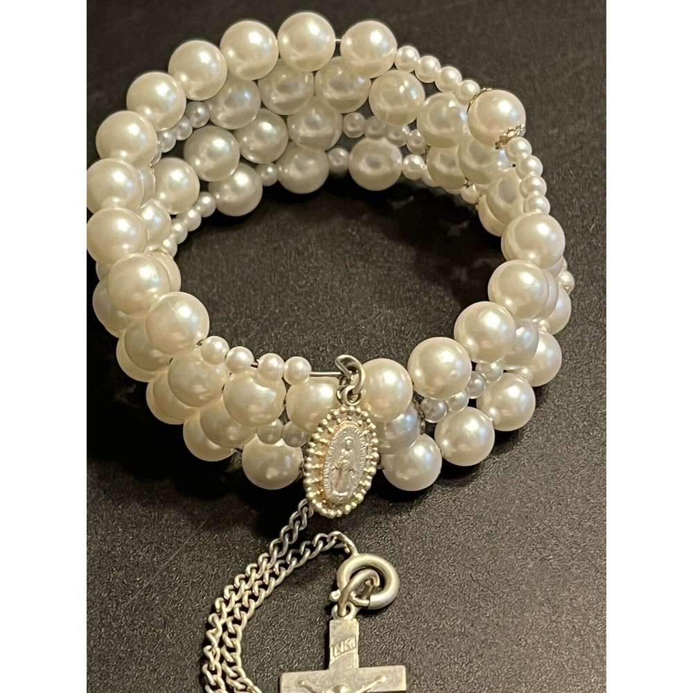 Vintage Sanmyro Faux Pearl Rosary Communion Wrap Bracelet With Box Japan